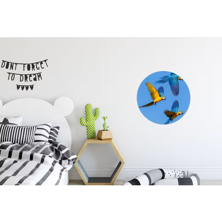 Papagaai - Vliegen - Blauw - Geel Wandcirkel aluminium klein -kinderkamer