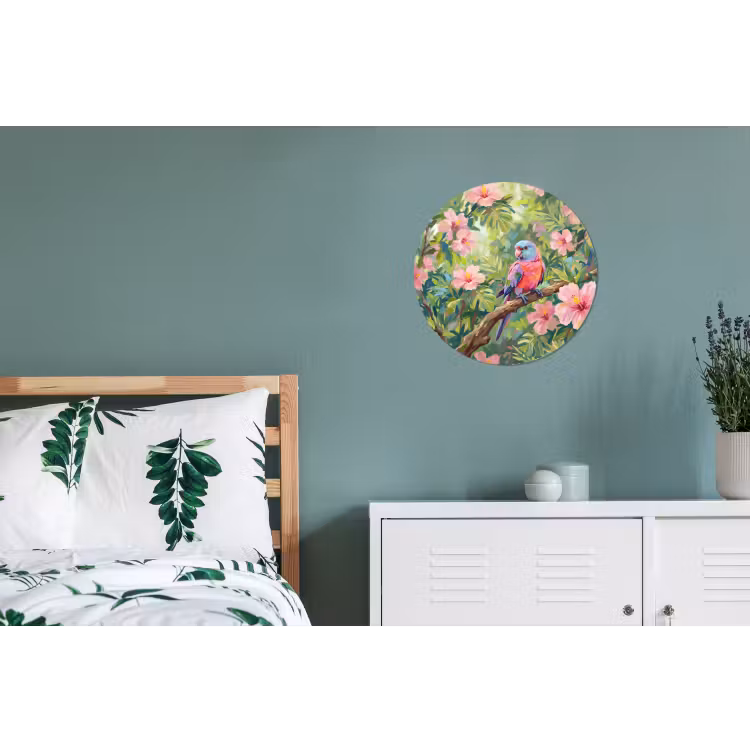 Papagaai - Hibiscusbloemen - Kleurrijk Wandcirkel aluminium klein -slaapkamer