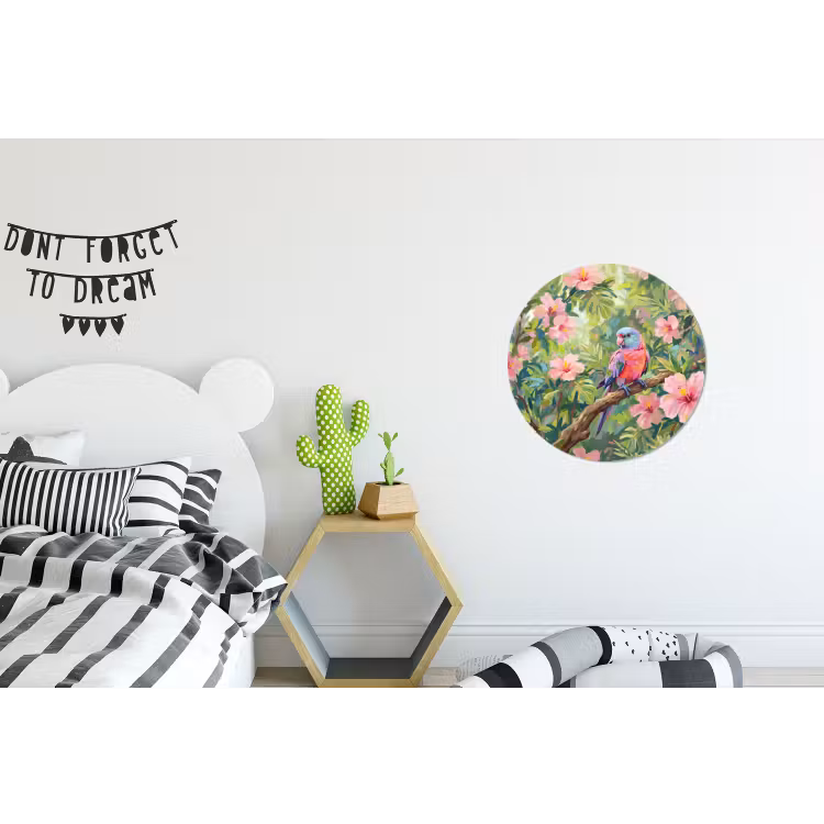 Papagaai - Hibiscusbloemen - Kleurrijk Wandcirkel aluminium klein -kinderkamer