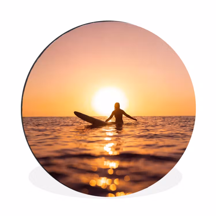 Persoon - Surfen - Zonsondergang - Zee - Oranje Wandcirkel aluminium klein -3d