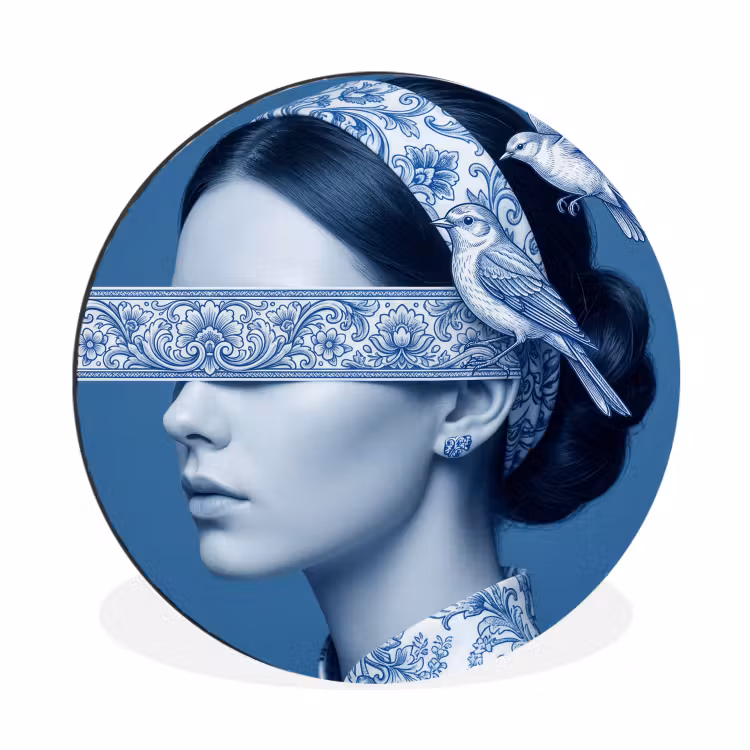 Portret - Klassiek - Wit - Blauw Wandcirkel aluminium klein -3d
