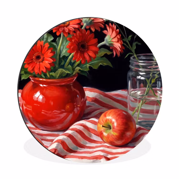 Wall circle - Aluminum - Red Flowers - Vase - Rode bloemen - Vaas Wandcirkel aluminium klein