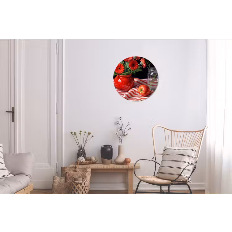 Wall circle - Aluminum - Red Flowers - Vase - Rode bloemen - Vaas Wandcirkel aluminium klein