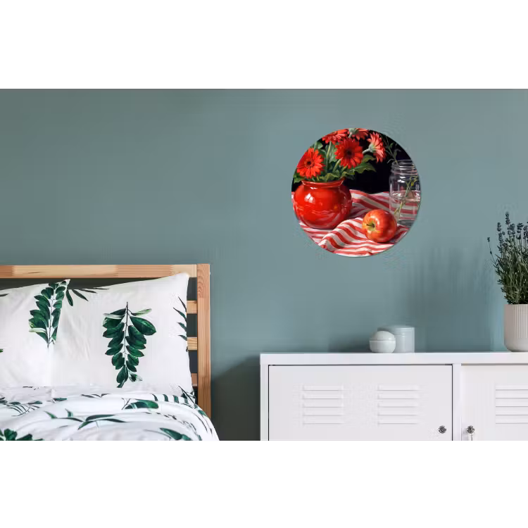 Wall circle - Aluminum - Red Flowers - Vase - Rode bloemen - Vaas Wandcirkel aluminium klein