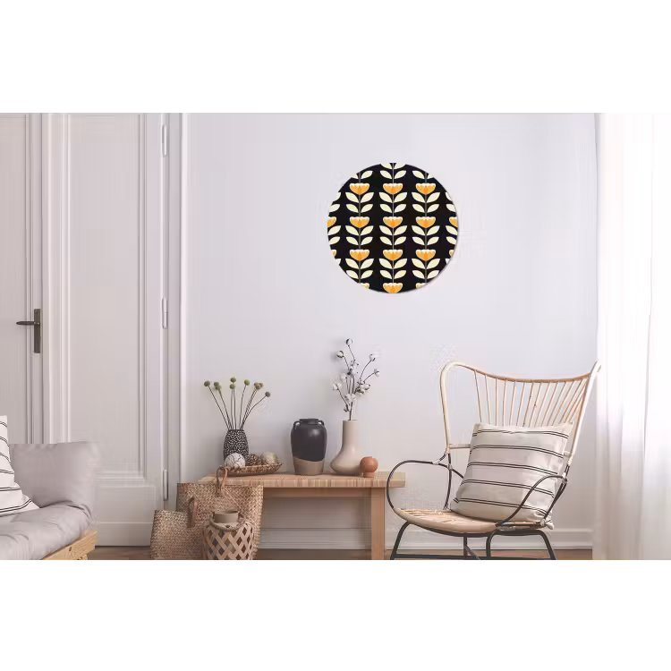 Retro - Bloem - Zwart - Okergeel Wandcirkel aluminium klein 190 -woonkamer