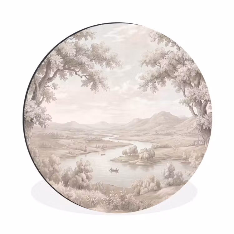 Rivierlandschap - Bergen - Natuur - Vintage - Beige Wandcirkel aluminium klein -3d