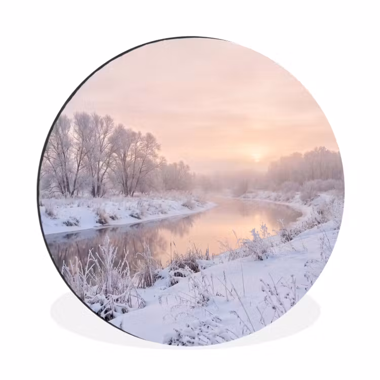 Rivier - Winter - Landschap - Sneeuw - Zonsopgang Wandcirkel aluminium klein -3d