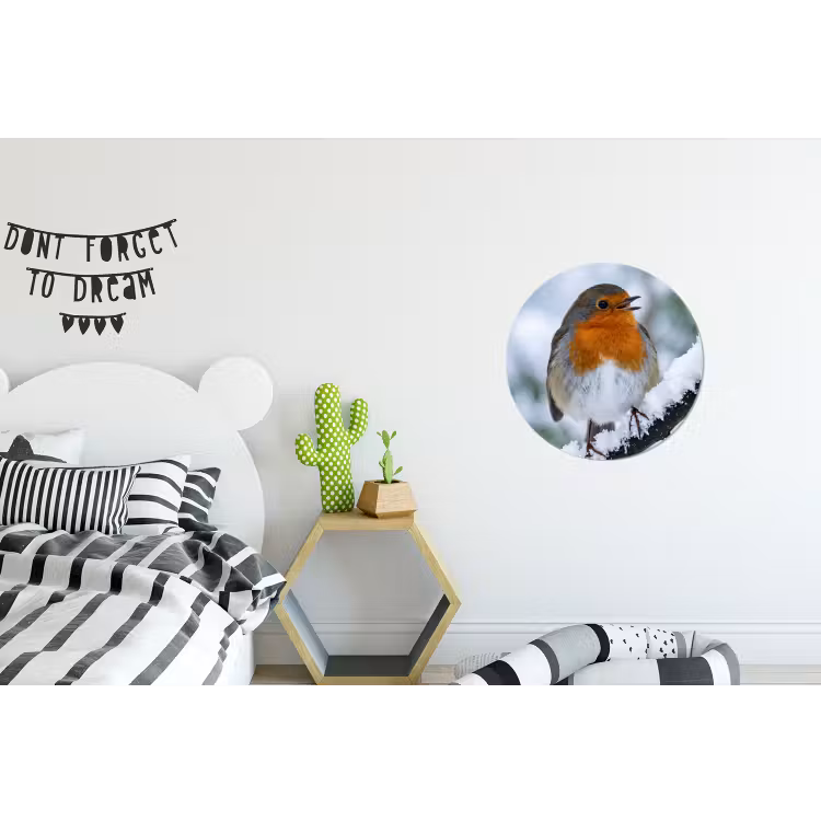 Roodborstje - Tak - Sneeuw - Winter - Levendig Wandcirkel aluminium klein -kinderkamer