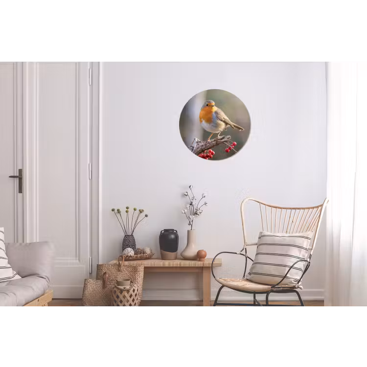Roodborst - Tak - Bessen - Natuur Wandcirkel aluminium klein -woonkamer