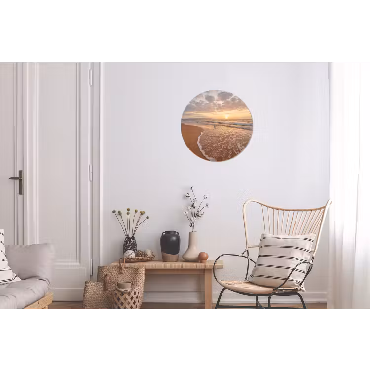 Zee - Kustlijn - Wolken - Landschap - Oranje Wandcirkel aluminium klein -woonkamer