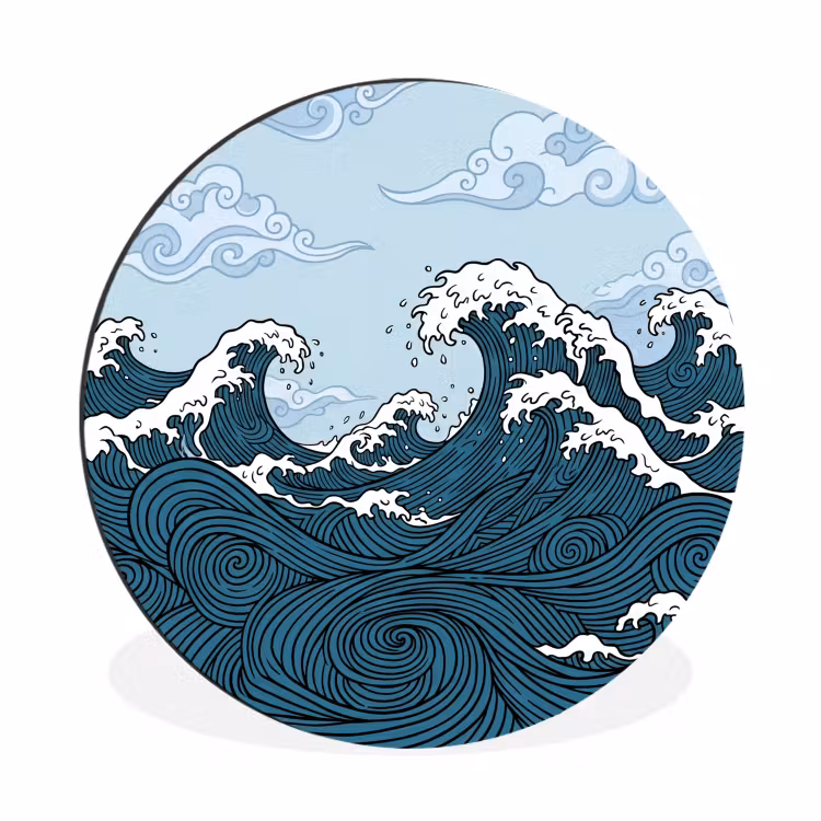 Zee - Golven - Japans - Natuur - Blauw Wandcirkel aluminium klein -3d