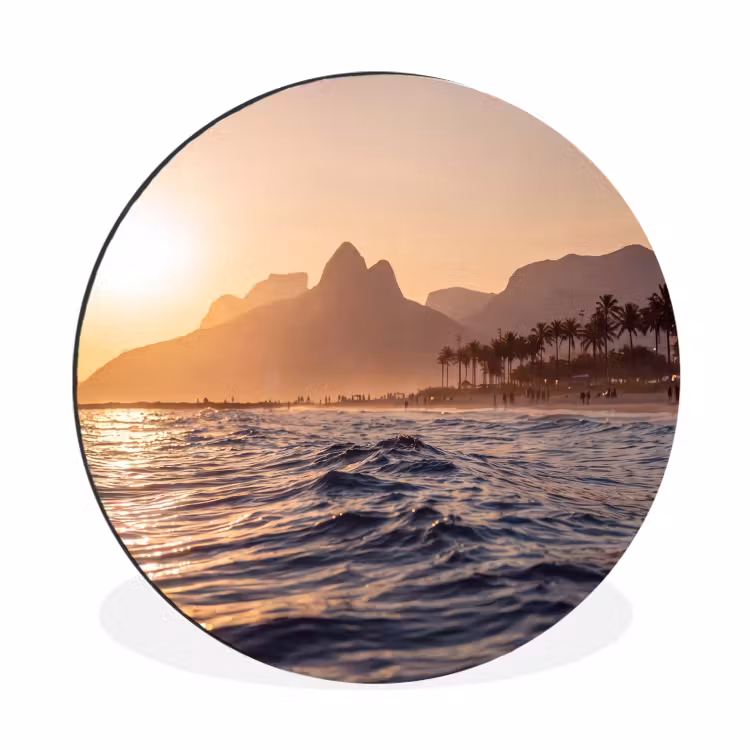 Zee - Golven - Zonsondergang - Kust - Goud Wandcirkel aluminium klein -3d