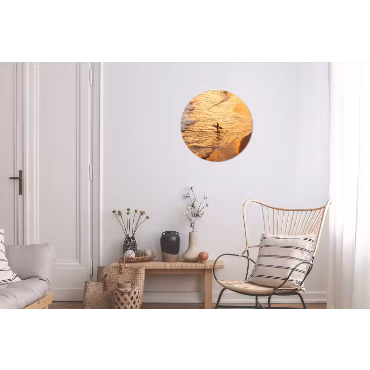 Surfer - Strand - Zonsondergang - Oceaan - Goud Wandcirkel aluminium klein -woonkamer