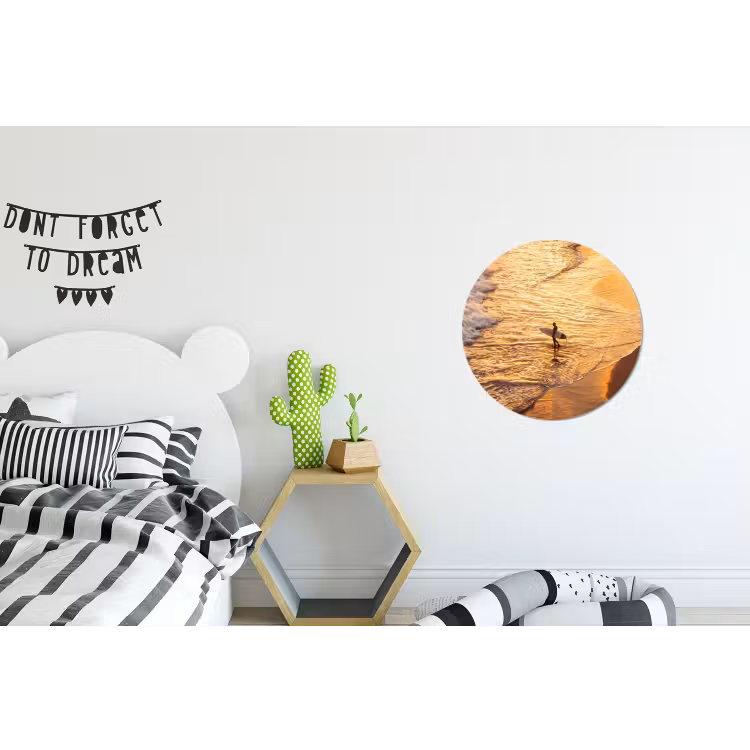 Surfer - Strand - Zonsondergang - Oceaan - Goud Wandcirkel aluminium klein -kinderkamer