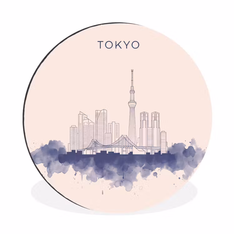 Tokyo - Skyline - Stad - Abstract - Blauw Wandcirkel aluminium klein -3d