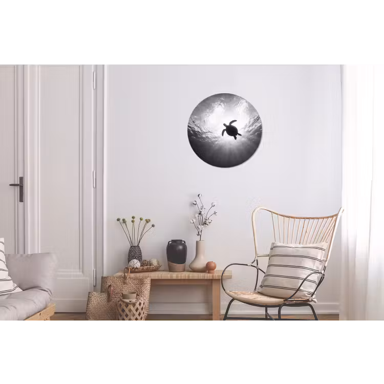 Schildpad - Onderwater - Lichtstralen - Oceaan - Zwart-wit Wandcirkel aluminium klein -woonkamer