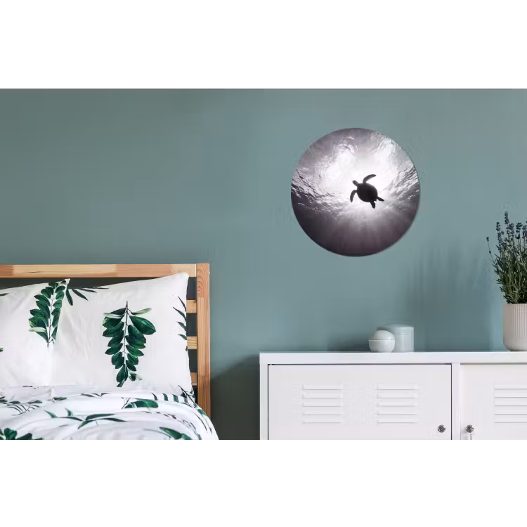 Schildpad - Onderwater - Lichtstralen - Oceaan - Zwart-wit Wandcirkel aluminium klein -slaapkamer