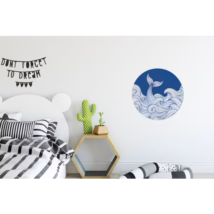 Walvis - Staart - Golven - Lijntekening - Blauw Wandcirkel aluminium klein -kinderkamer