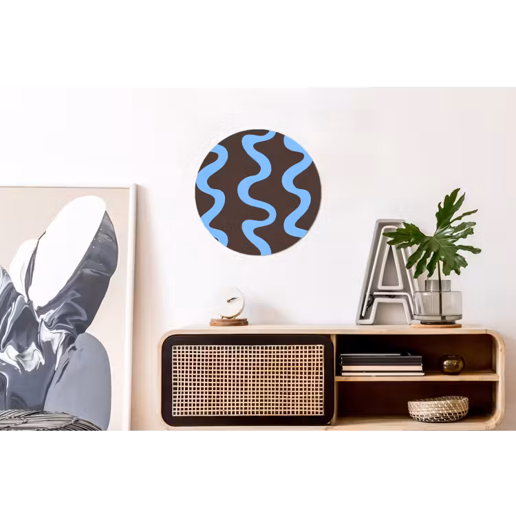 Kronkelende lijnen - Blauw - Bruin - Minimalistisch Wandcirkel aluminium klein 190 -kantoor