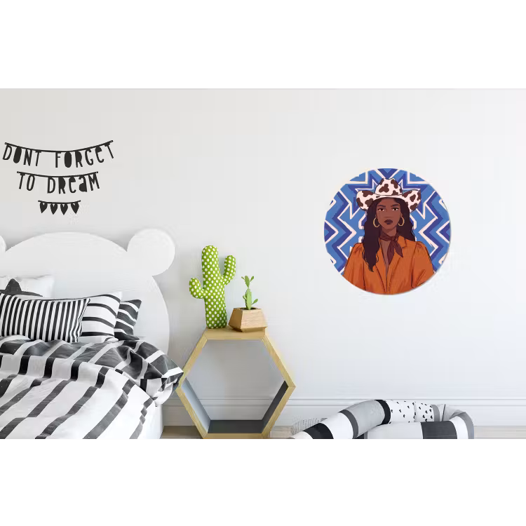 Vrouw - Cowboyhoed - Portret - Modern - Blauw Wandcirkel aluminium klein -kinderkamer