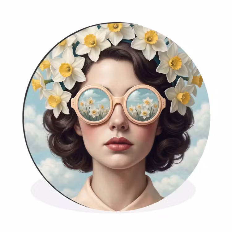 Vrouw - Narcissen - Geel Wandcirkel aluminium klein -3d