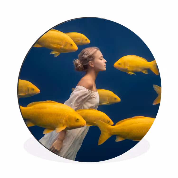 Vrouw - Vis - Water - Natuur - Geel Wandcirkel aluminium klein -3d
