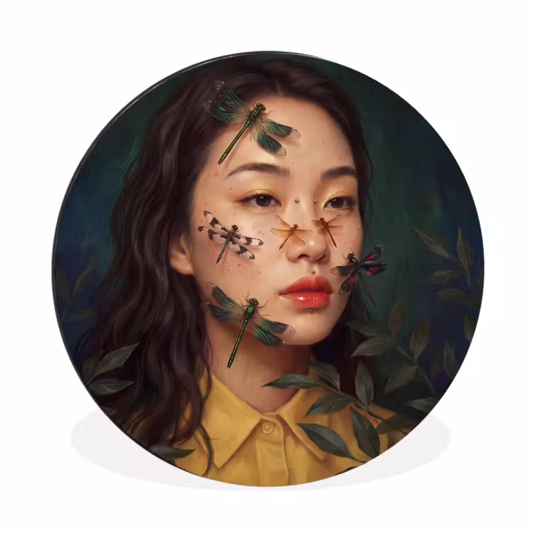 Vrouw - Insecten - Natuur - Portret - Groen Wandcirkel aluminium klein -3d