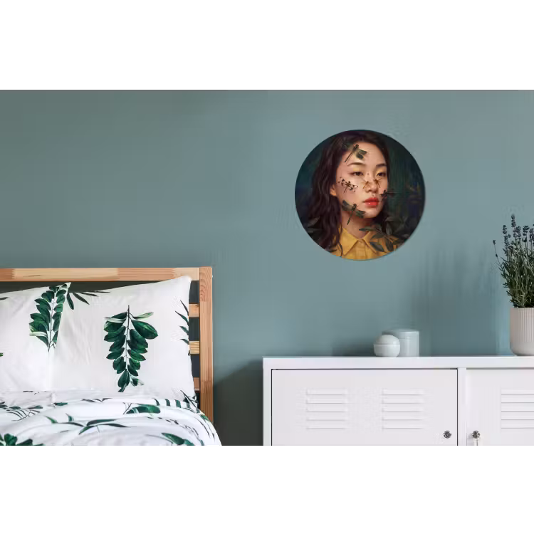 Vrouw - Insecten - Natuur - Portret - Groen Wandcirkel aluminium klein -slaapkamer