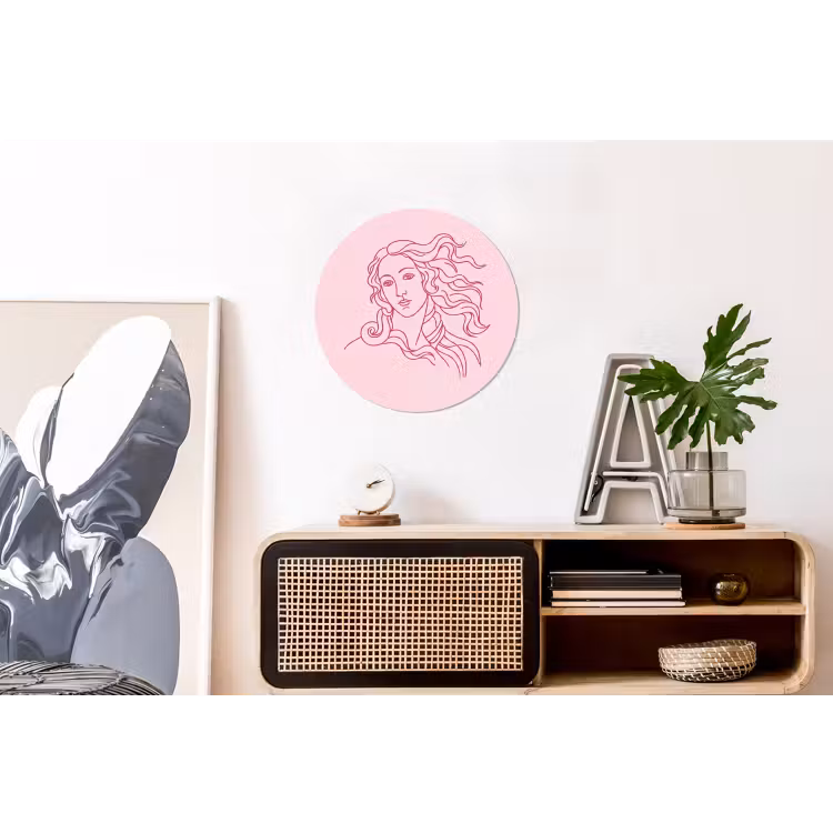Vrouw - Portret - Klassiek - Line-art - Roze Wandcirkel aluminium klein -kantoor