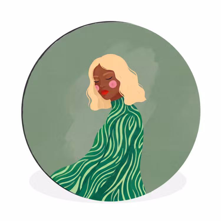 Vrouw - Portret - Illustratie - Modern - Groen Wandcirkel aluminium klein -3d