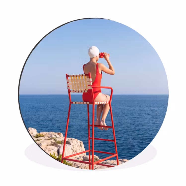 Vrouw - Zee - Kust - Verrekijker - Rood Wandcirkel aluminium klein -3d