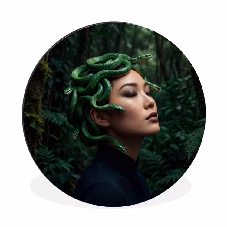 Vrouw - Slang - Natuur - Mystiek - Groen Wandcirkel aluminium klein -3d