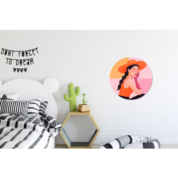 Vrouw - Hoed - Mode - Modern - Oranje Wandcirkel aluminium klein -kinderkamer