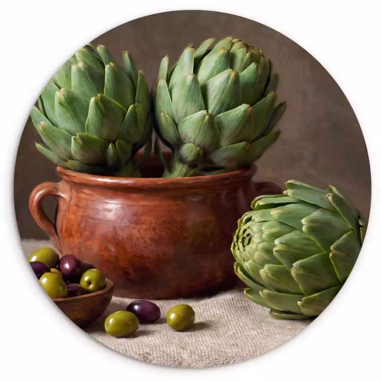 Wall circle - Glass - Artichokes - Olives - Food - Artisjokken - Olijven - Eten Wandcirkel plexiglas klein
