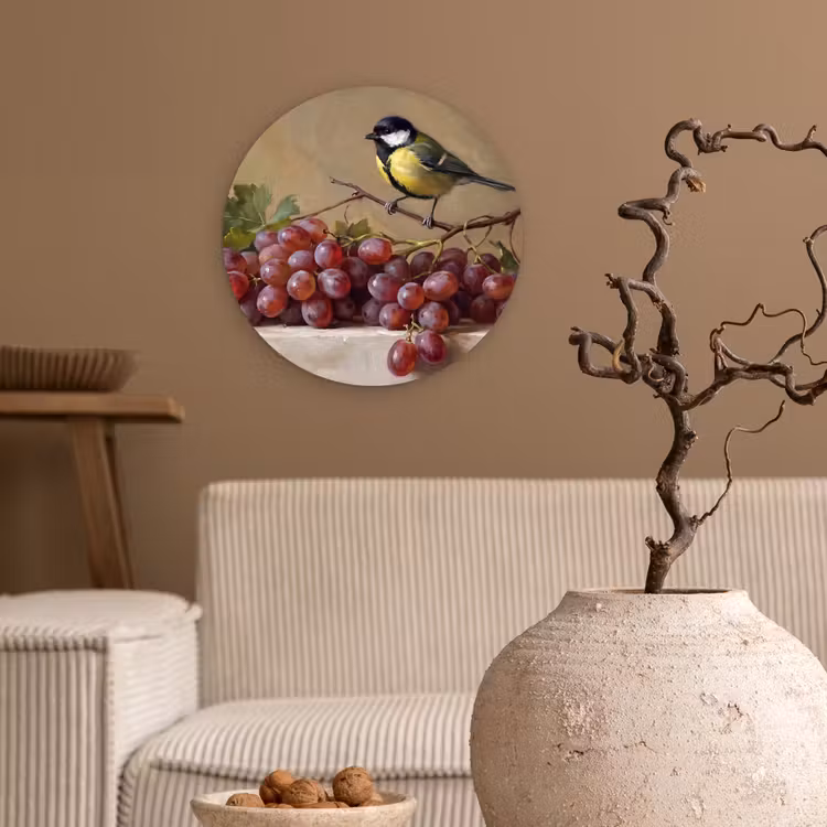 Wall circle - Glass - Bird - Grapes - Still Life - Vogel - Druiven - Stilleven Wandcirkel plexiglas klein