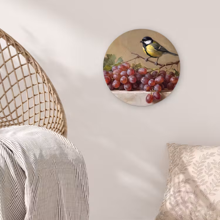 Wall circle - Glass - Bird - Grapes - Still Life - Vogel - Druiven - Stilleven Wandcirkel plexiglas klein