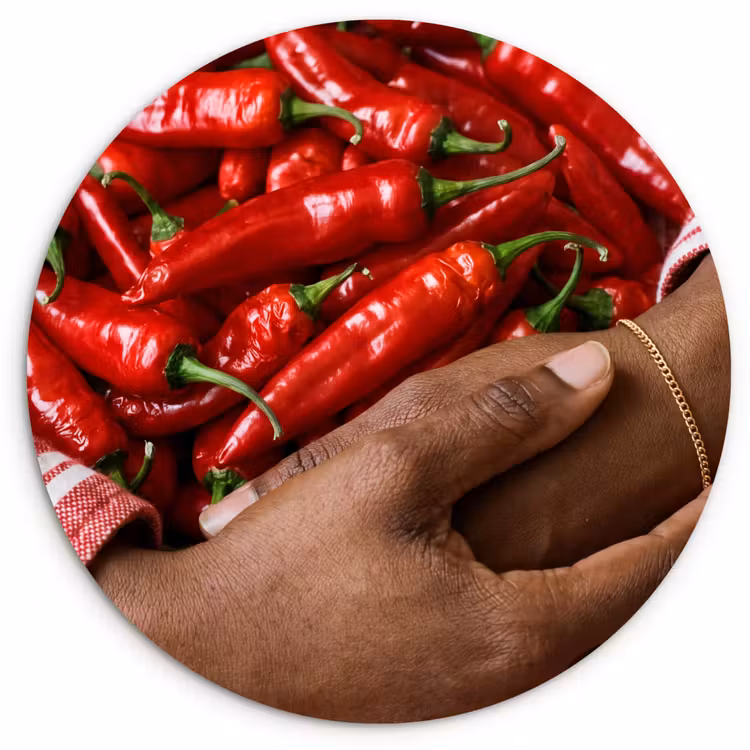 Wall circle - Glass - Chili Peppers - Red - Hands - Chilipepers - Rood - Handen Wandcirkel plexiglas klein