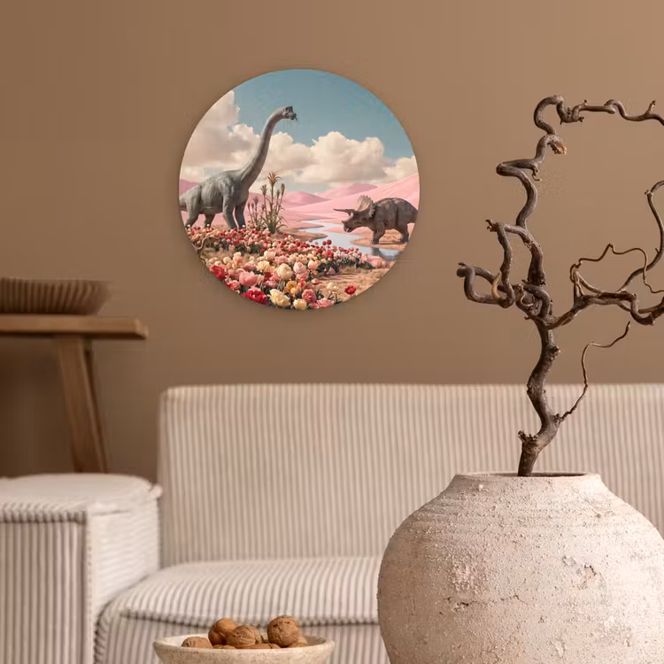 Wall circle - Glass - Dinosaur - Pink - Landscape - Dinosaurus - Roze - Landschap Wandcirkel plexiglas klein