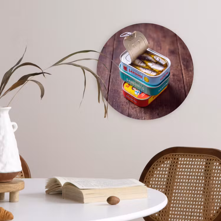 Wall circle - Glass - Fish - Cans - Kitchen - Vis - Blikjes - Keuken Wandcirkel plexiglas klein
