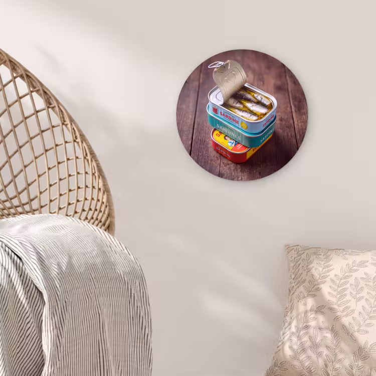 Wall circle - Glass - Fish - Cans - Kitchen - Vis - Blikjes - Keuken Wandcirkel plexiglas klein
