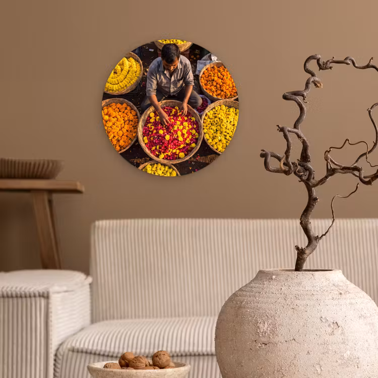 Wall circle - Glass - Flowers - Market - Colorful - Bloemen - Markt - Kleurrijk Wandcirkel plexiglas klein
