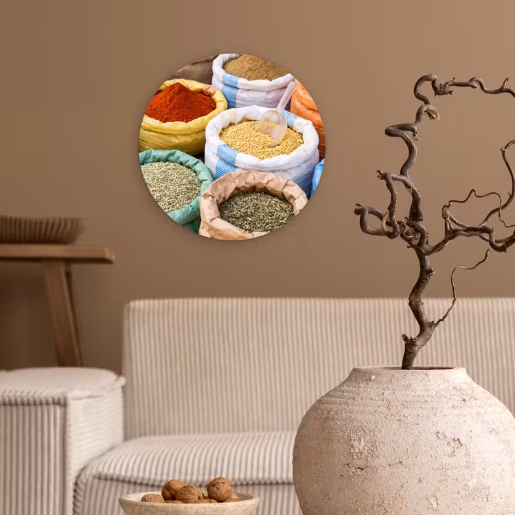 Wall circle - Glass - Herbs - Bags - Market - Kruiden - Zakken - Markt Wandcirkel plexiglas klein