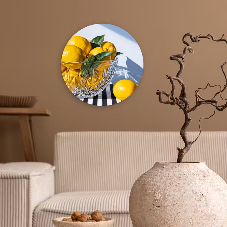 Wall circle - Glass - Lemons - Fruit - Yellow - Citroenen - Fruit - Geel Wandcirkel plexiglas klein