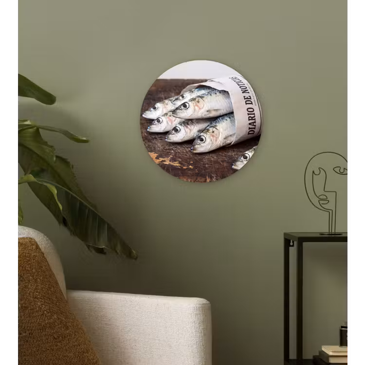 Wall circle - Glass - Little Sardine - newspaper - cutting board - Sardientje - krant - snijplank Wandcirkel plexiglas klein