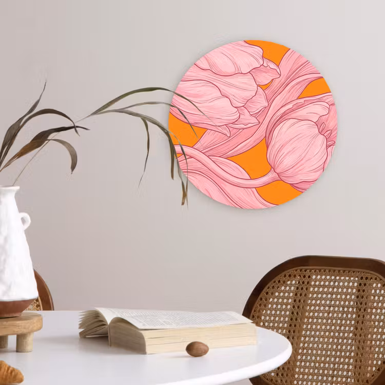 Wall circle - Glass - Pink Flowers - Modern - Roze bloemen - Modern Wandcirkel plexiglas klein