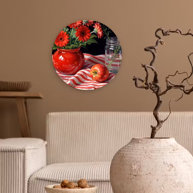 Wall circle - Glass - Red Flowers - Vase - Rode bloemen - Vaas Wandcirkel plexiglas klein