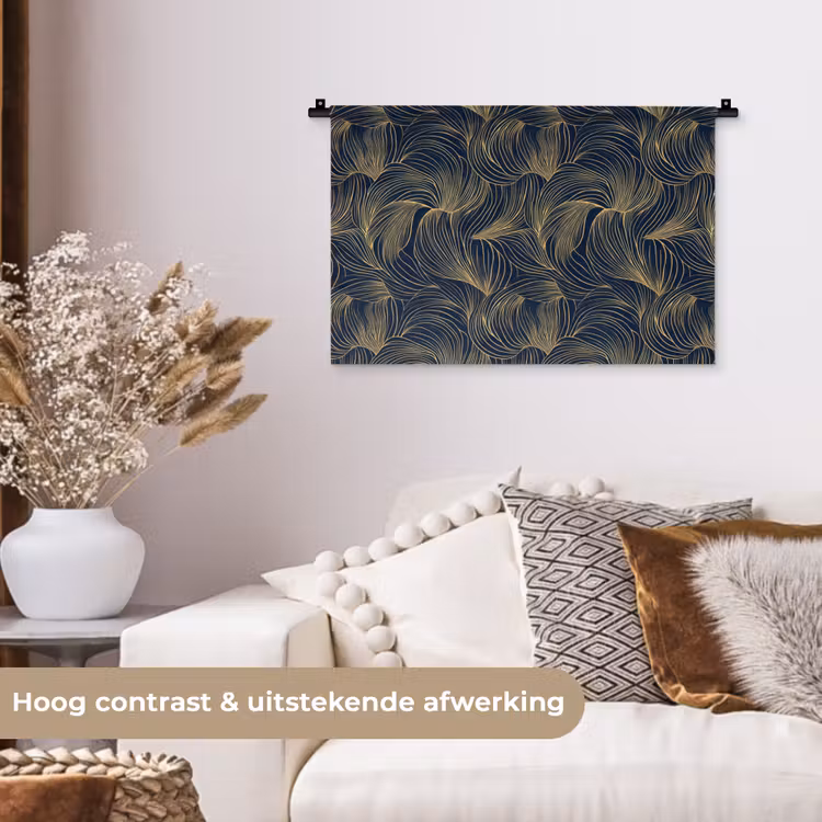 Abstract - Lijnen - Blauw - Goud Wandkleed katoen klein 269 -sfeer1