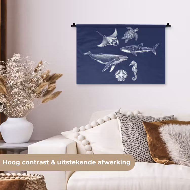 Dieren - Zeeleven - Oceaan - Graveren - Blauw Wandkleed katoen klein -sfeer1