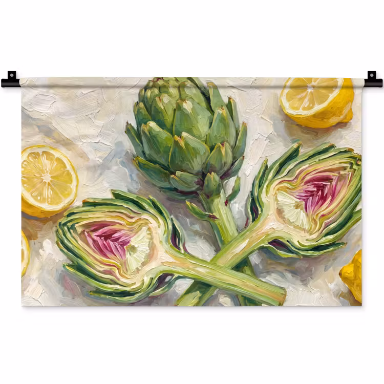 Wall Hanging - Artichoke - Lemon - Food - Artisjok - Citroen - Eten Wandkleed katoen klein