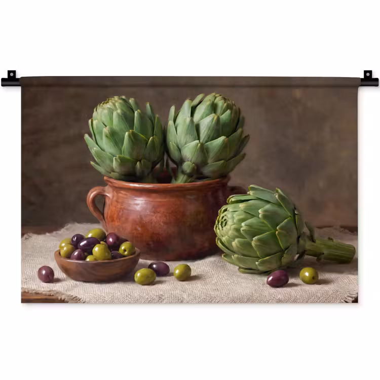 Wall Hanging - Artichokes - Olives - Food - Artisjokken - Olijven - Eten Wandkleed katoen klein
